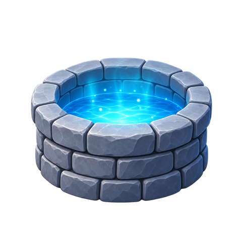 A simple circular stone well with softly glowing cyan water